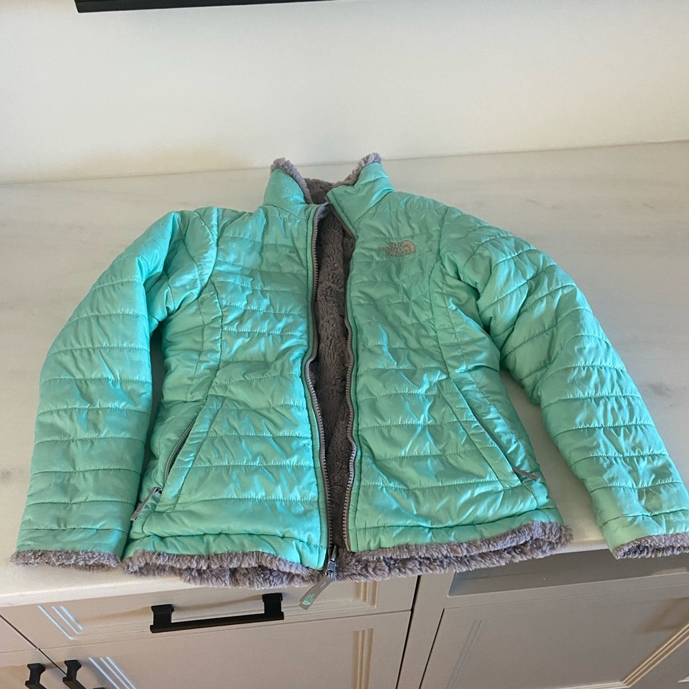 Teal and gray reversible north face jacket